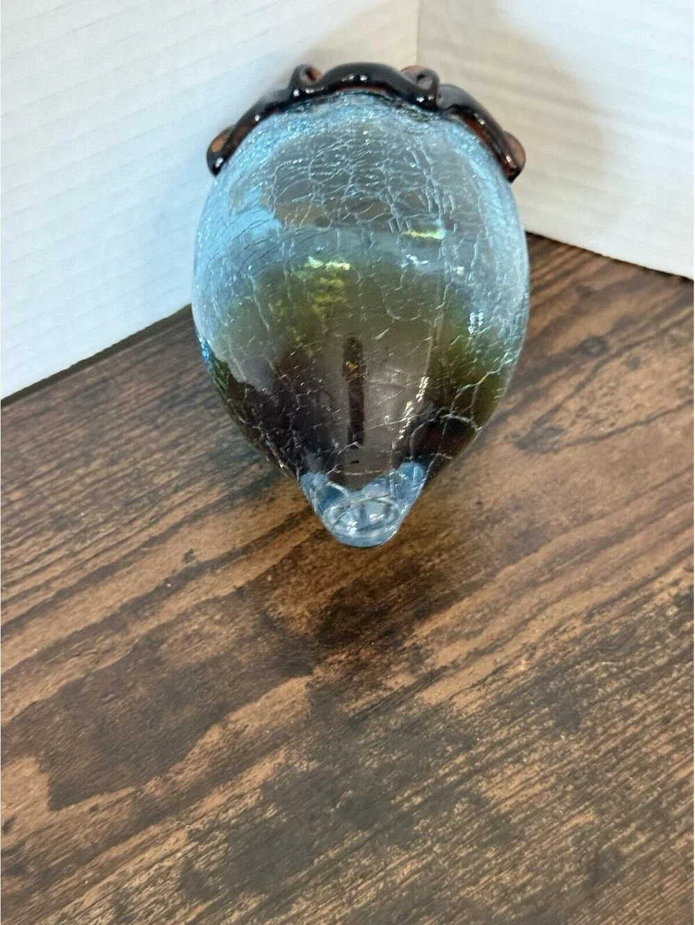 Pier 1 Art Glass Acorn Paperweight Amber Yellow Brown Hand Blown Crackle